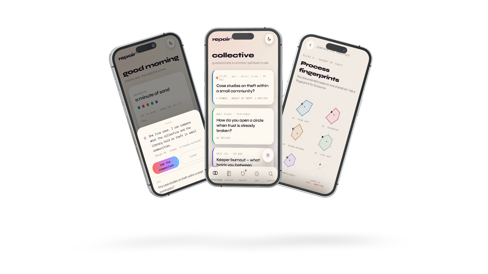 repair app screens: grounding ritual, collective questions, process fingerprints